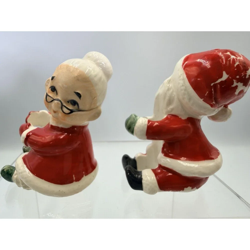 Vintage MCM JAPAN Santa & Mrs Claus Ceramic Candle Hugger Figurines Christmas